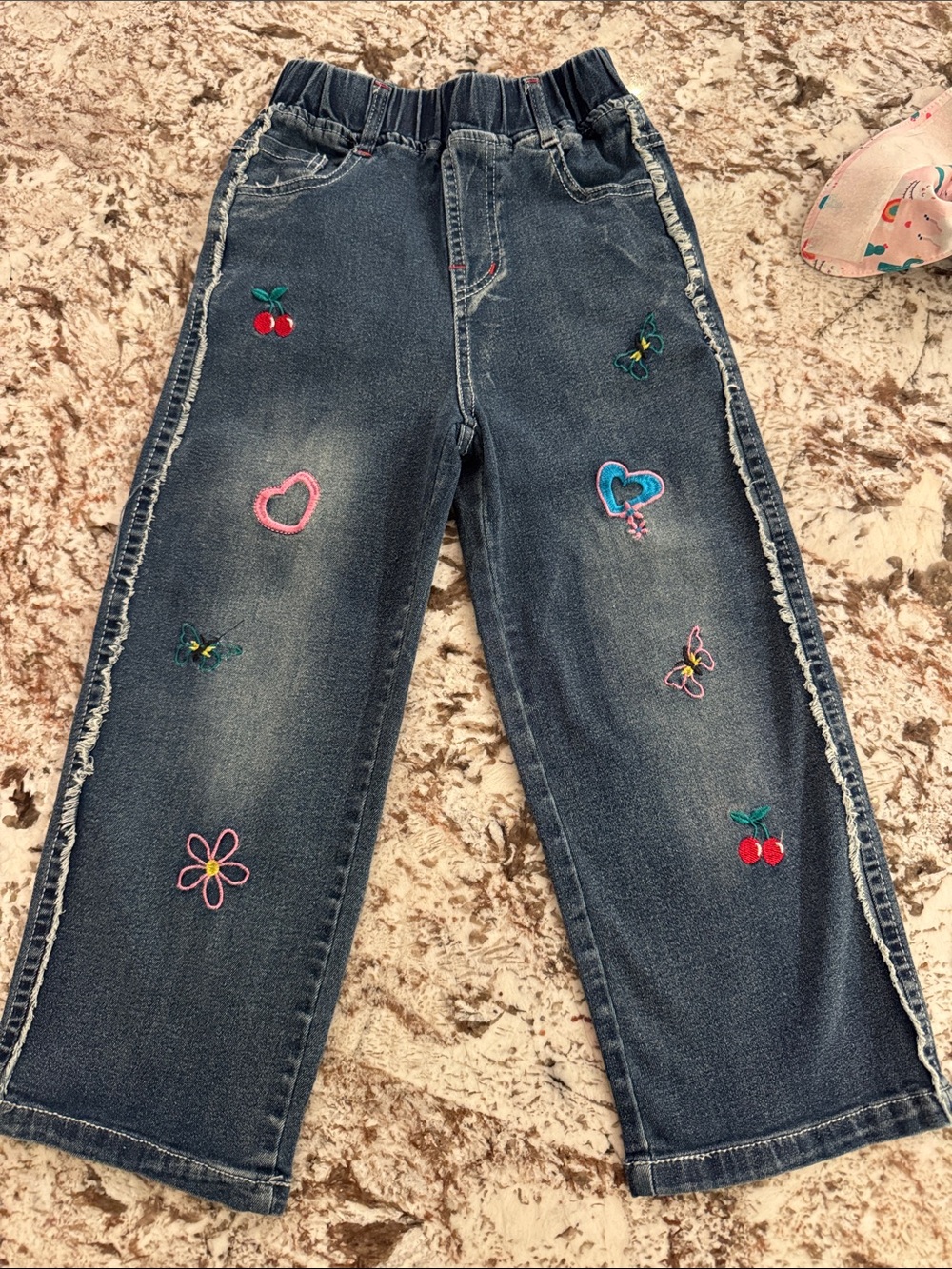 5T Girls' Dark Wash Embroidered Jeans with Heart & Cherry Accents Wide Leg